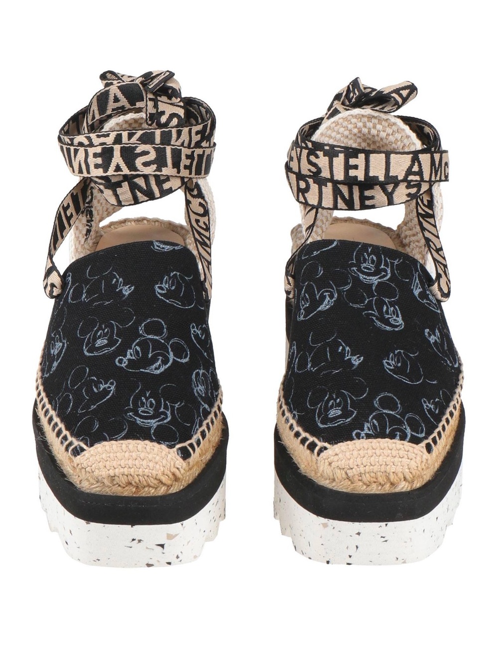 Stella McCartney Black & Natural Espadrille Platform Sandal with Logo Ties.